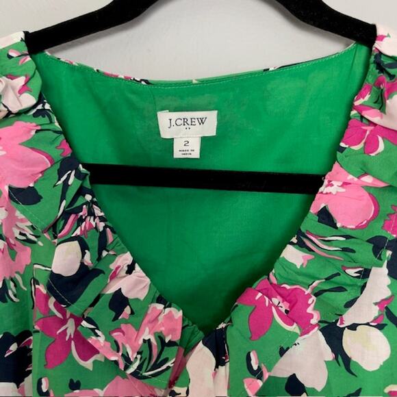 J. Crew Size 2 Green Floral Dress Woman Ruffles Pockets Beach Cruise Resort - Picture 2 of 8
